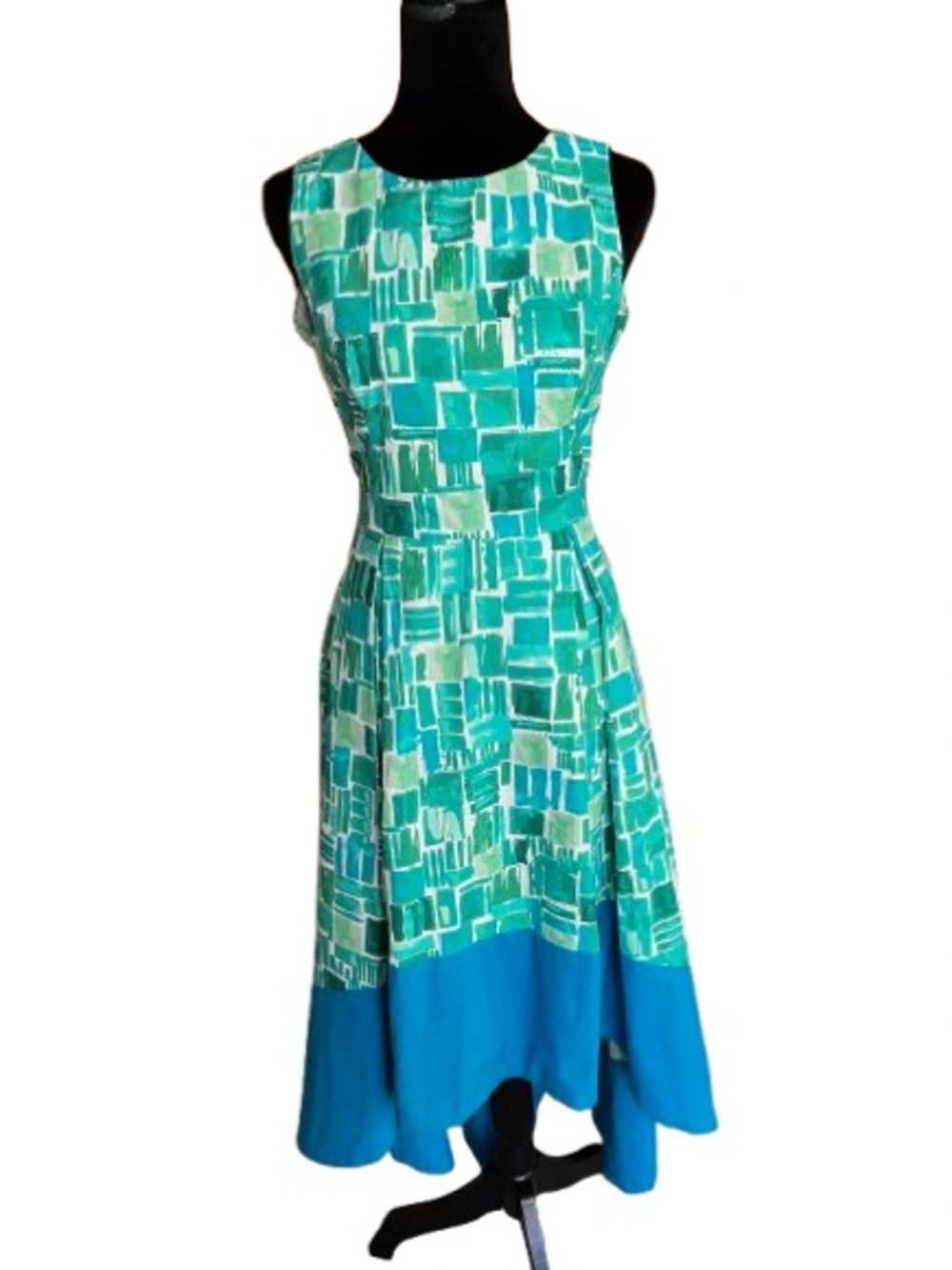 Custom Sleeveless Geometric Midi Dress with contrasting  Turquoise Blue Hem